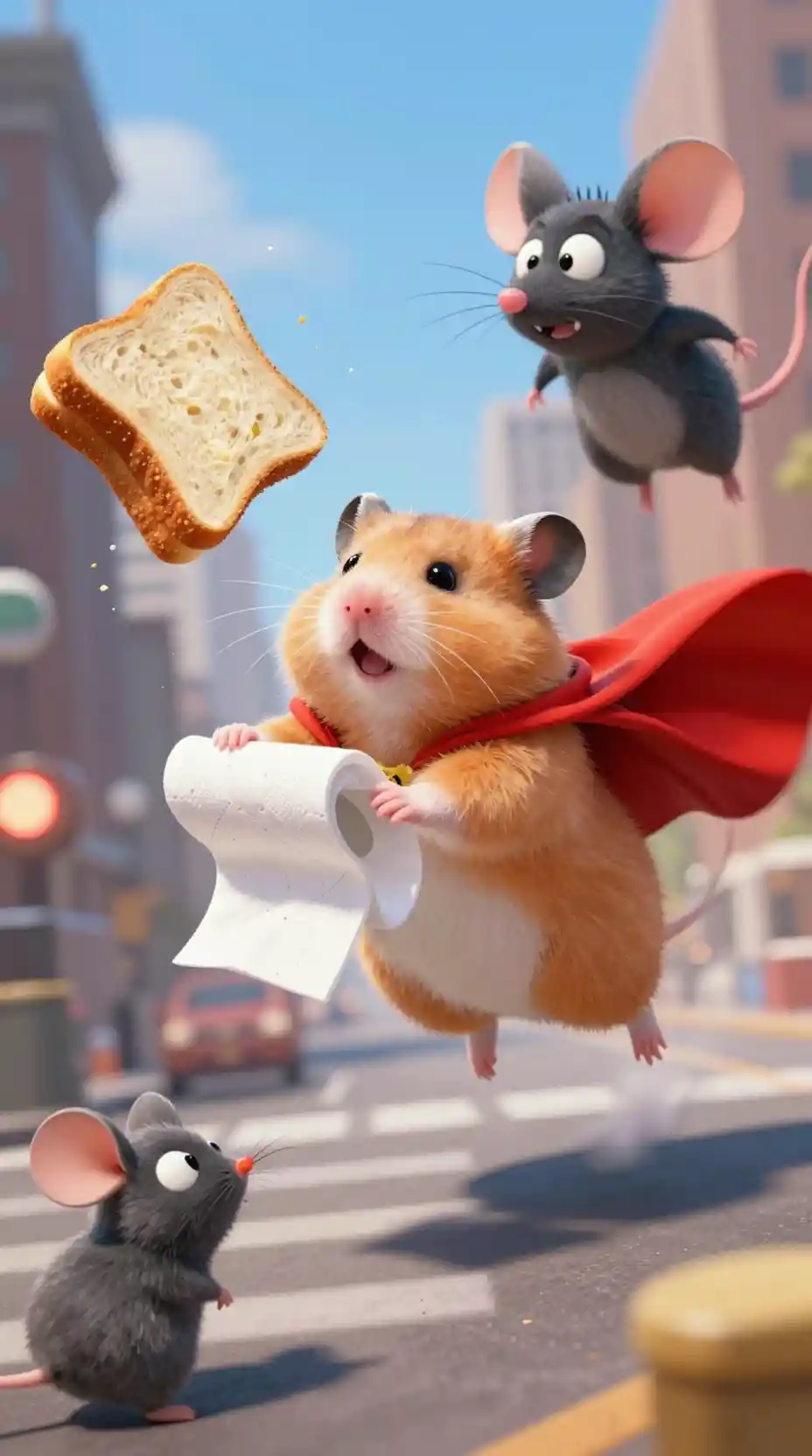 Criceto supereroe che vola sopra la città salvando un panino