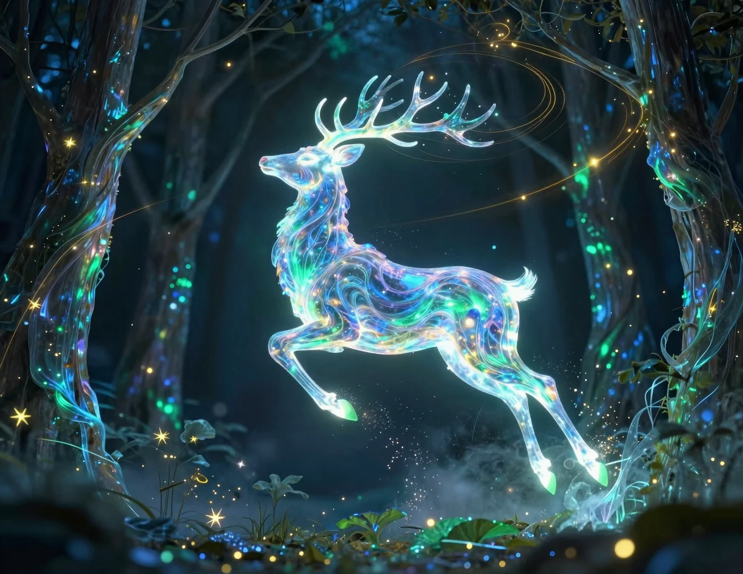 Cervo Luminoso Saltando por uma Floresta Cósmica Etérea