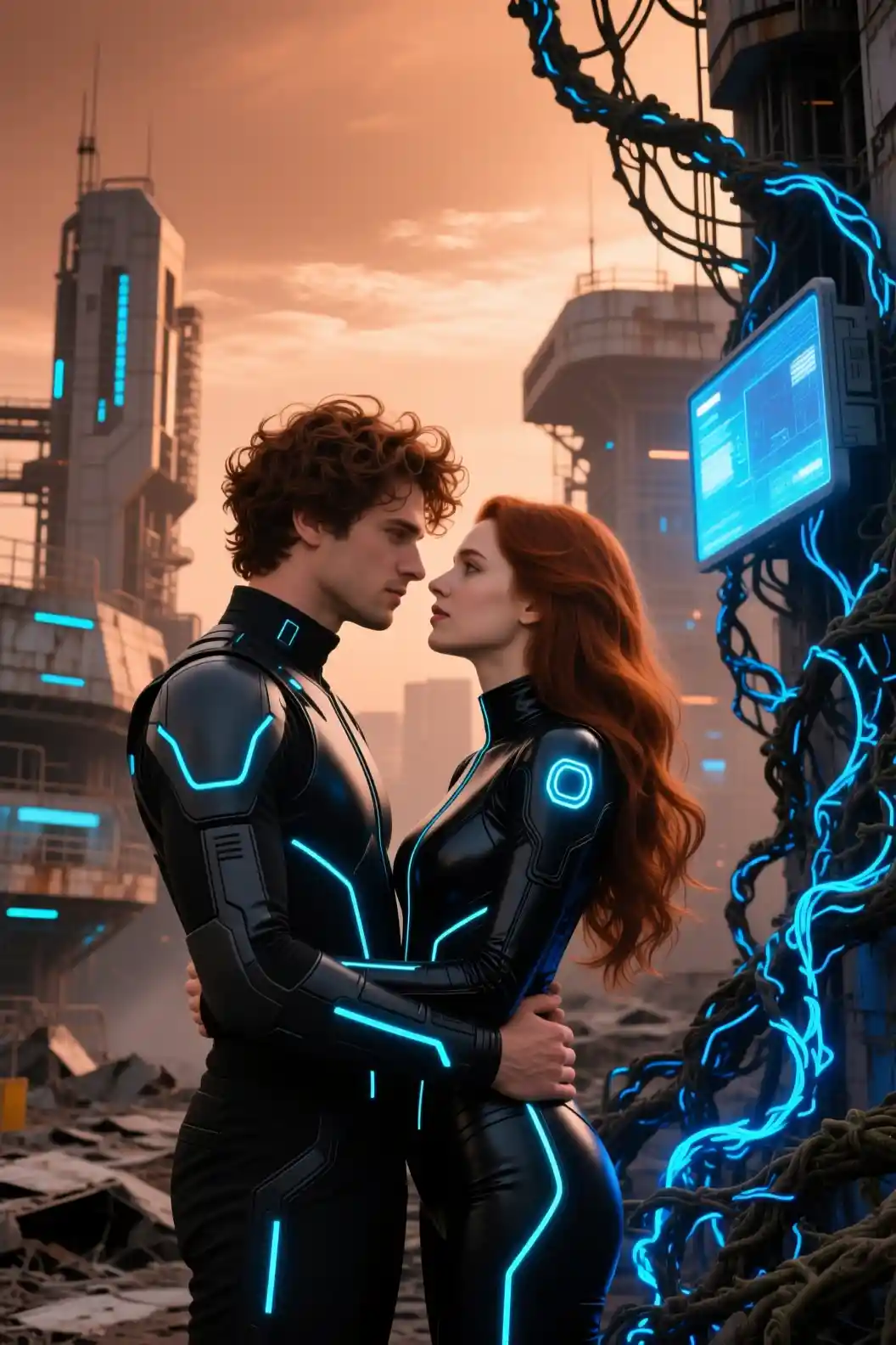 Futuristic couple embracing amid glowing sci fi ruins