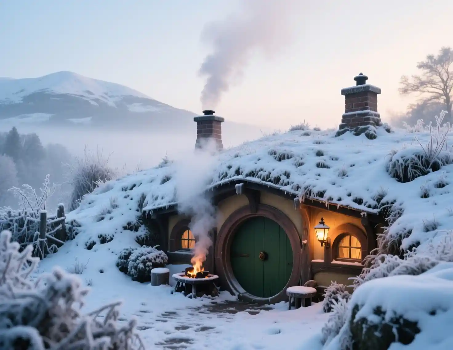 Village hobbit enneigé aux cheminées chaudes et lumineuses