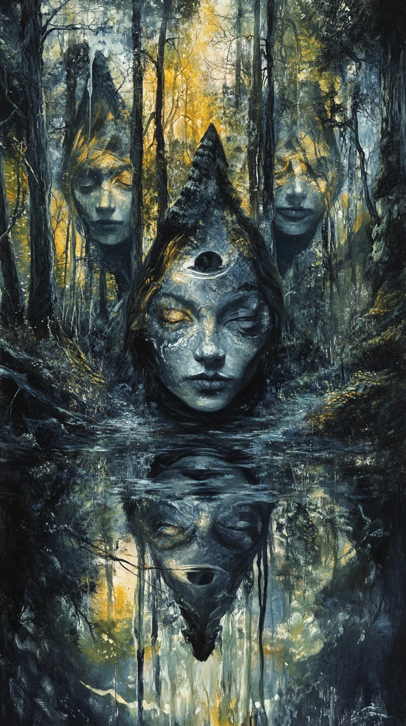 Sorcière surréaliste dans une forêt mystique aux reflets infinis