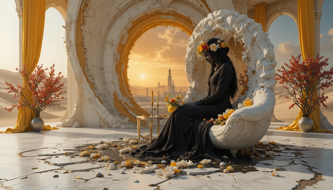 Gothic woman crowned with frozen yellow roses portrait