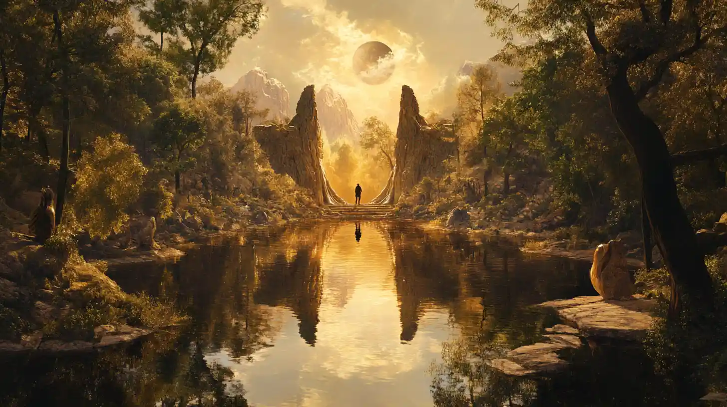 Surreal vision of life choices in a symbolic inner landscape