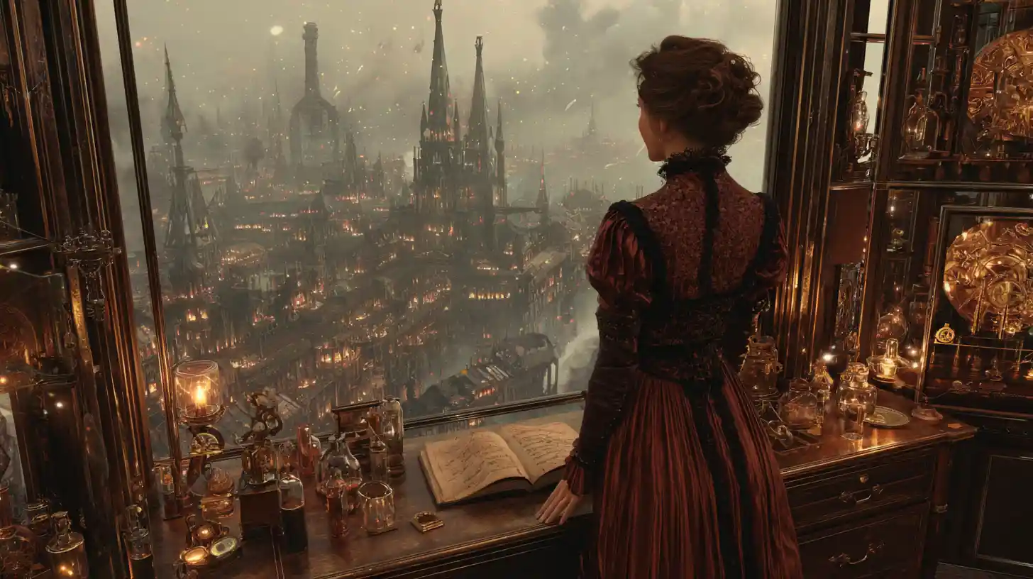 Mulher steampunk em um suntuoso ateliê vitoriano de engrenagens