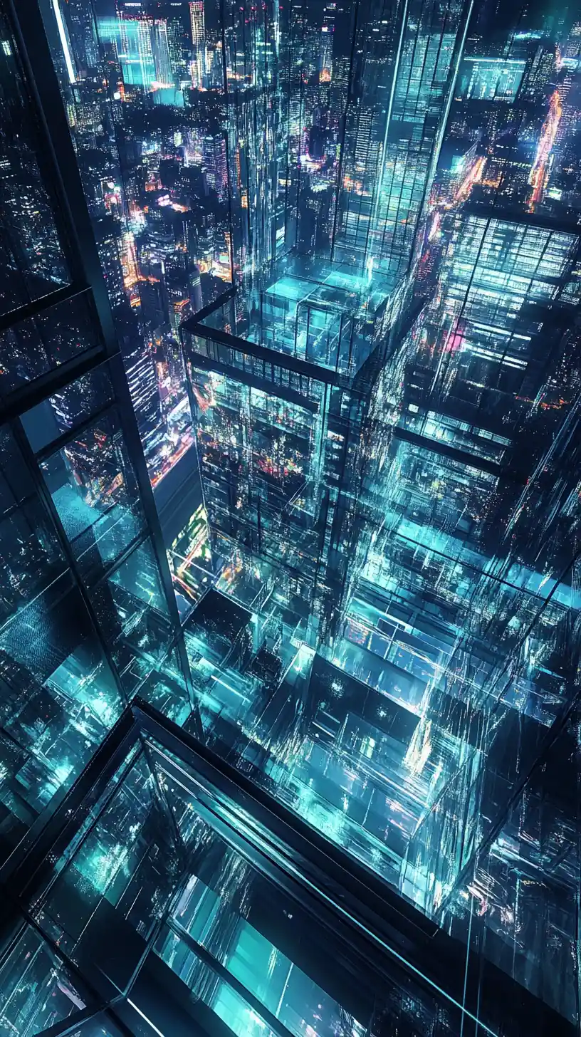 Quartier generale futuristico in vetro che brilla sopra la città moderna