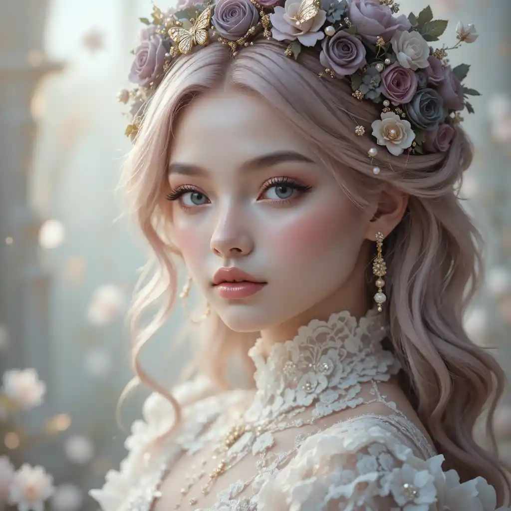 Fantasy portrait of a pink haired girl with floral crown
