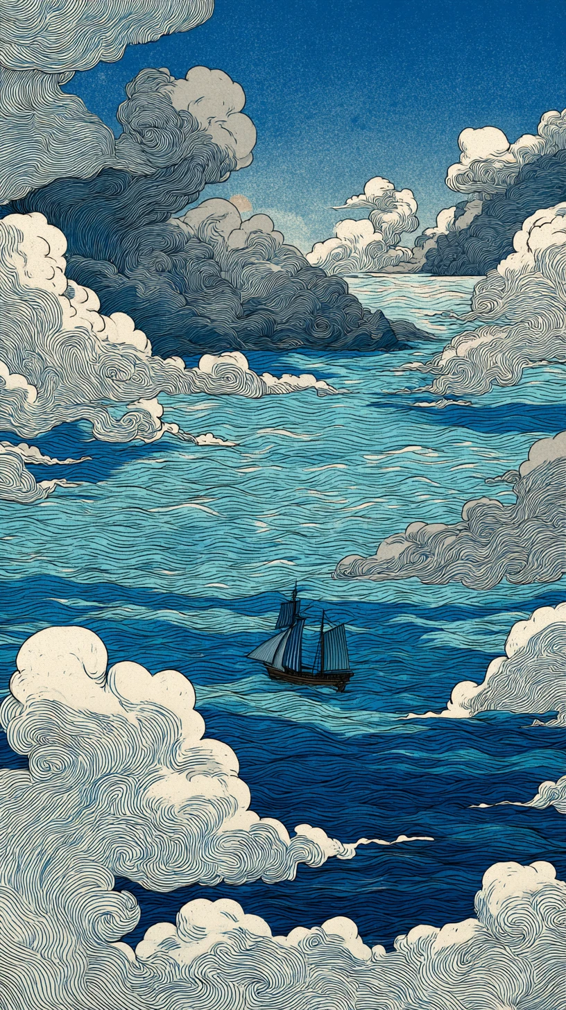 Cena oceânica em estilo ukiyo-e com ilha central e pequeno navio