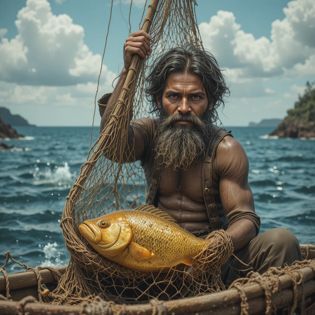 Poor fisherman finding a golden fish in the open sea