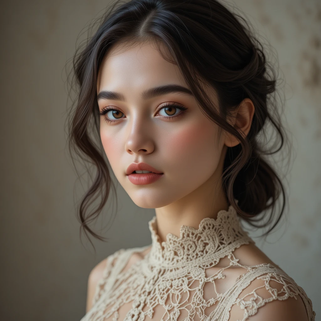 Close up portrait of a young woman in lace top