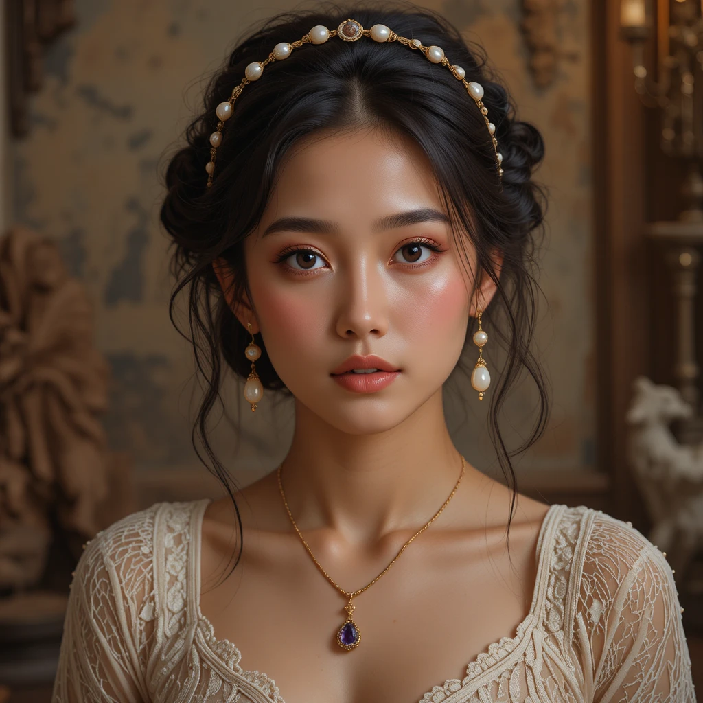 Warm close up portrait of a young woman with jewelry