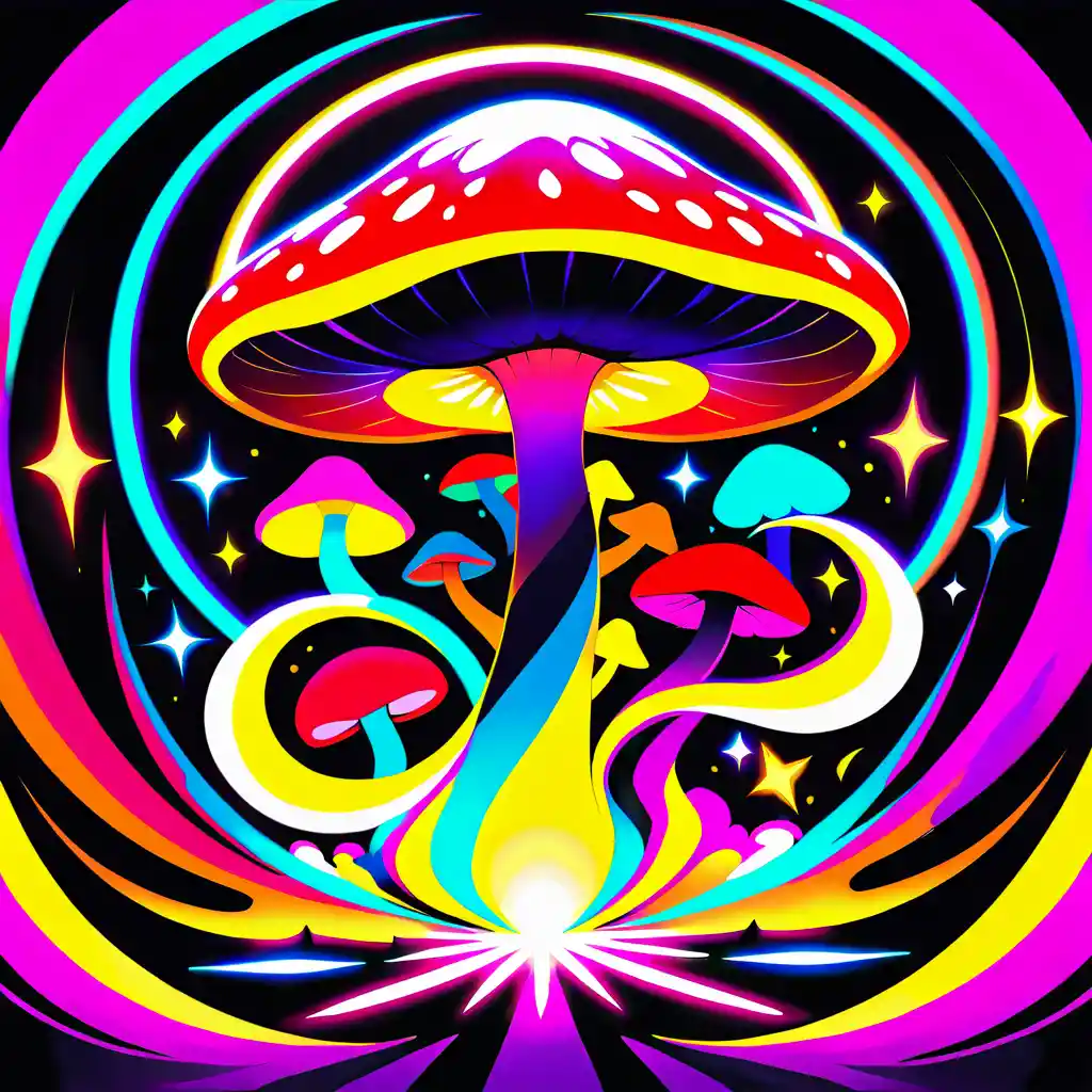 Glowing Curved Mushroom Against A Dark Psychedelic Sun