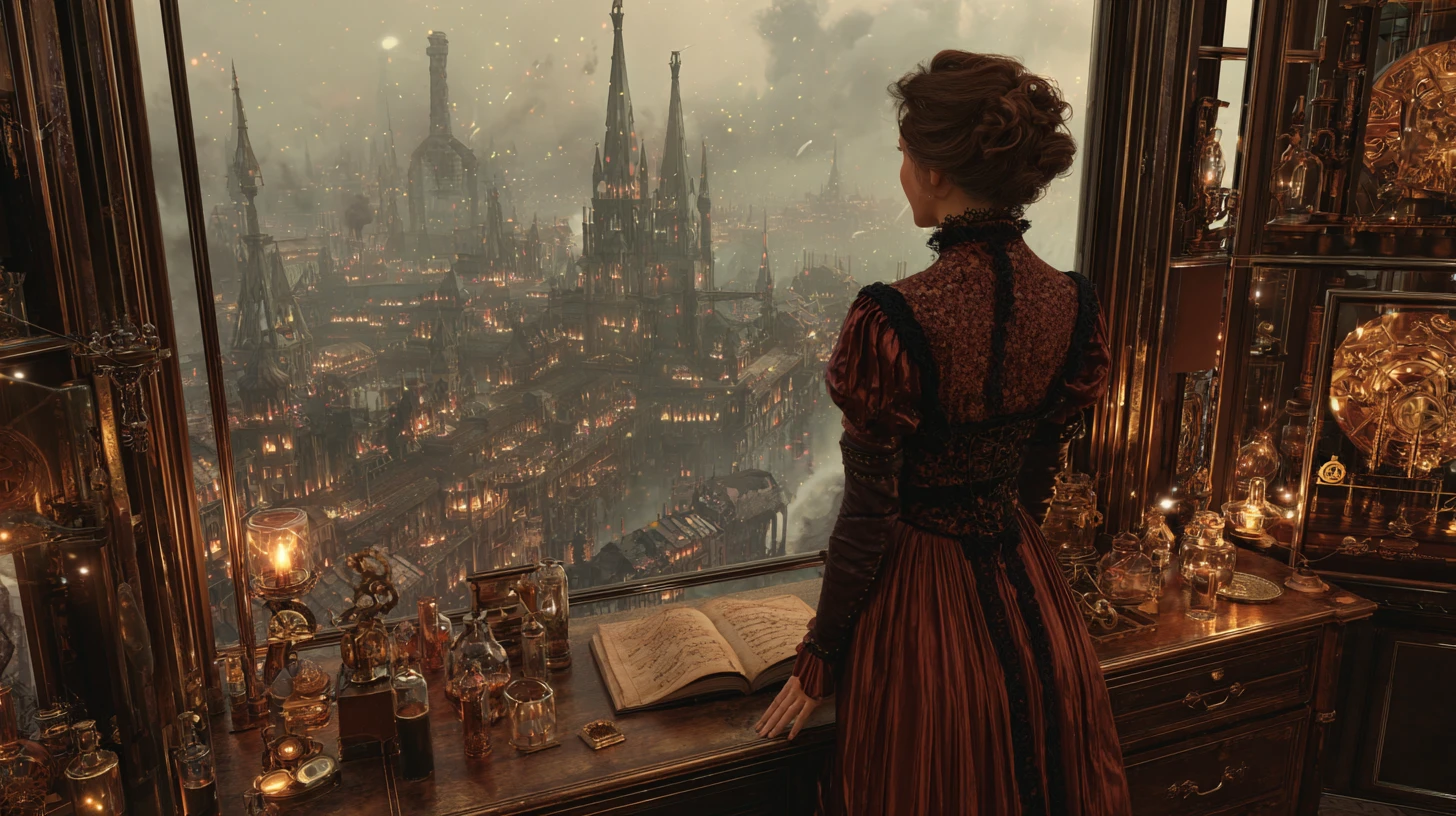 Mulher steampunk em um suntuoso ateliê vitoriano de engrenagens