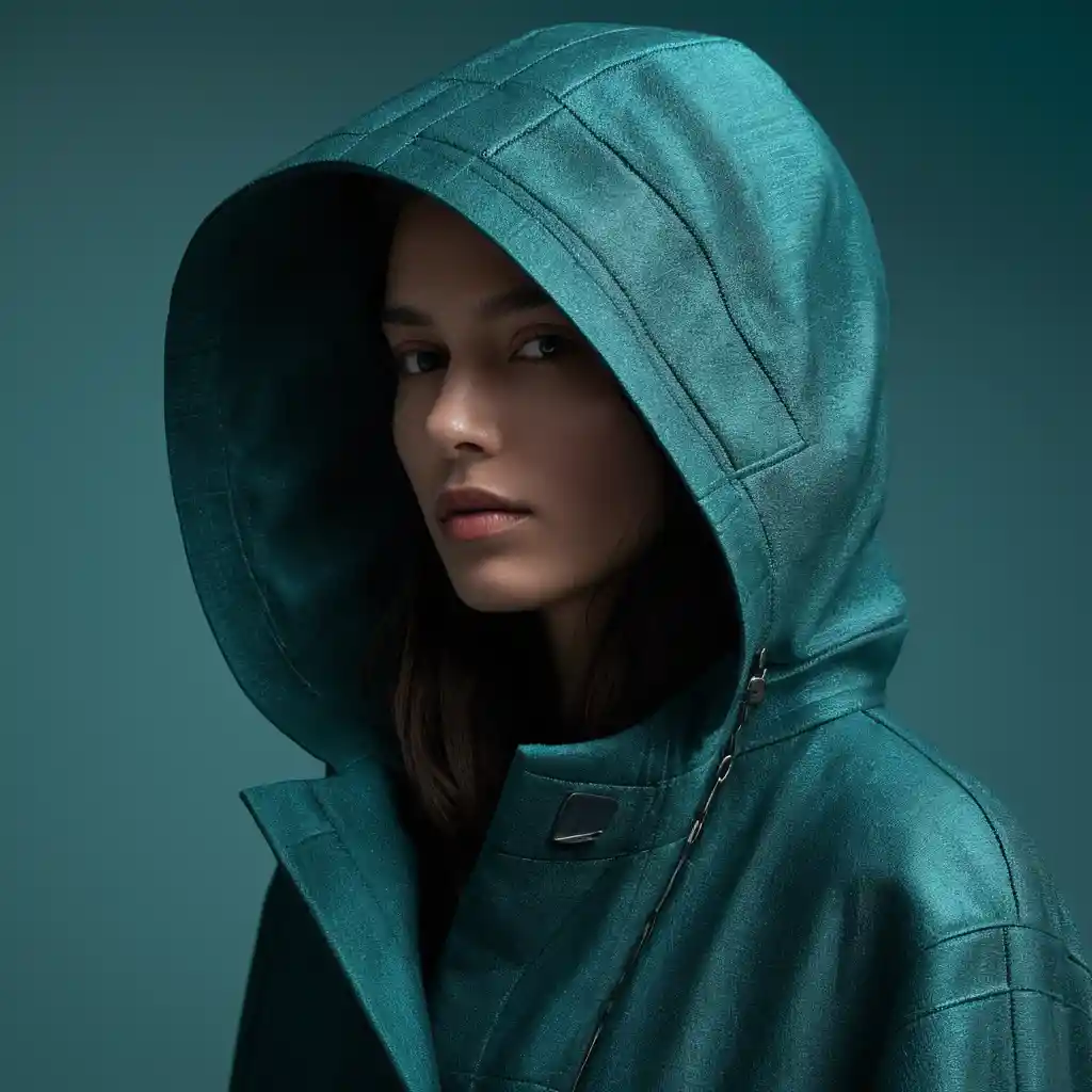 Hooded woman with reflective visor in soft teal portrait