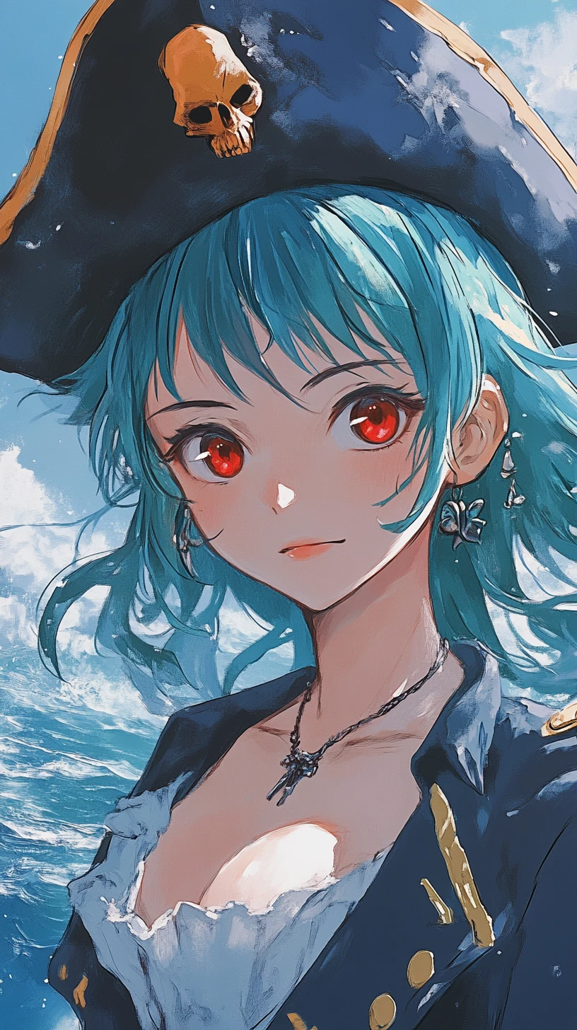 Femme pirate confiante face à une mer agitée et un ciel dégagé