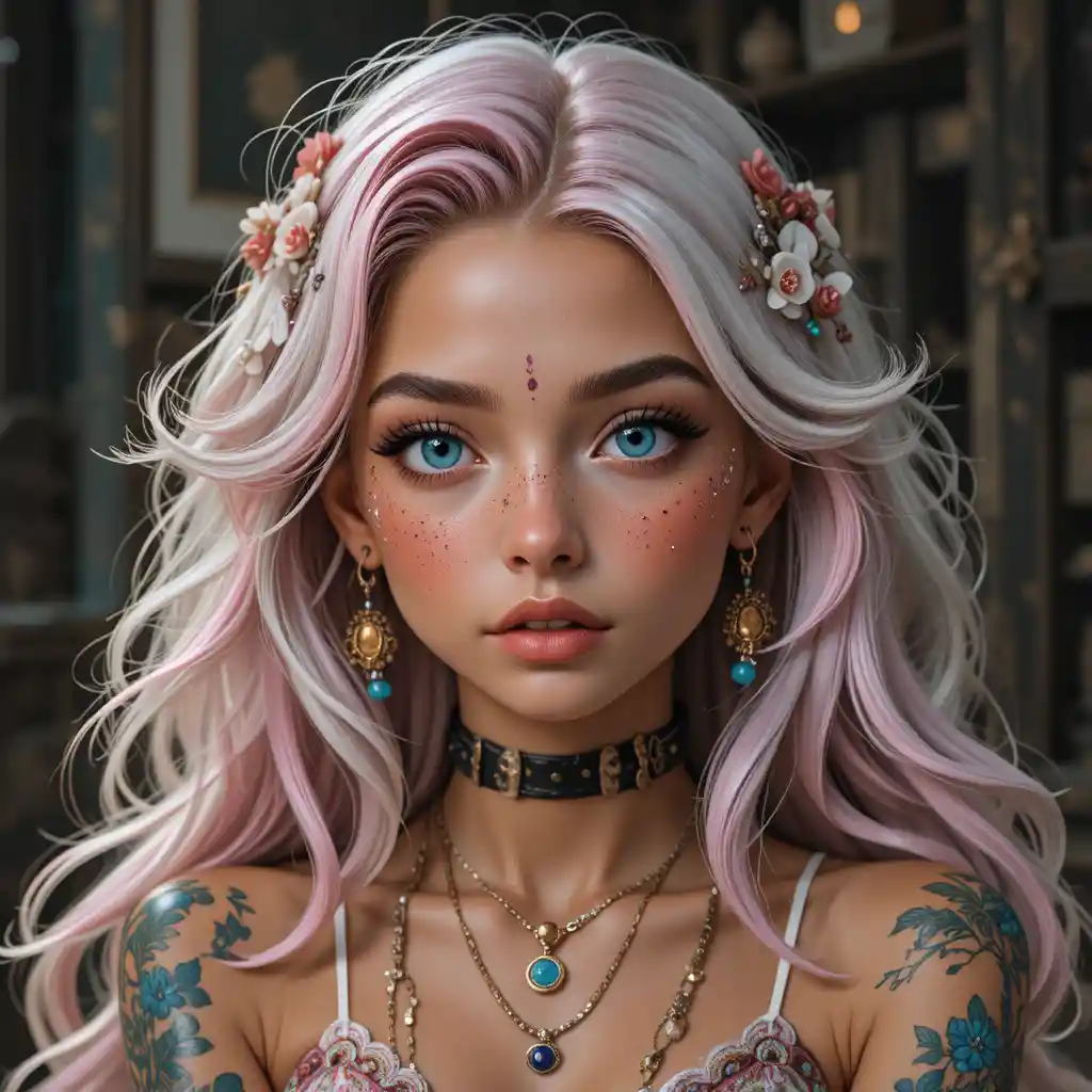Ragazza cottagecore con cicatrici, capelli pastello ed eterocromia