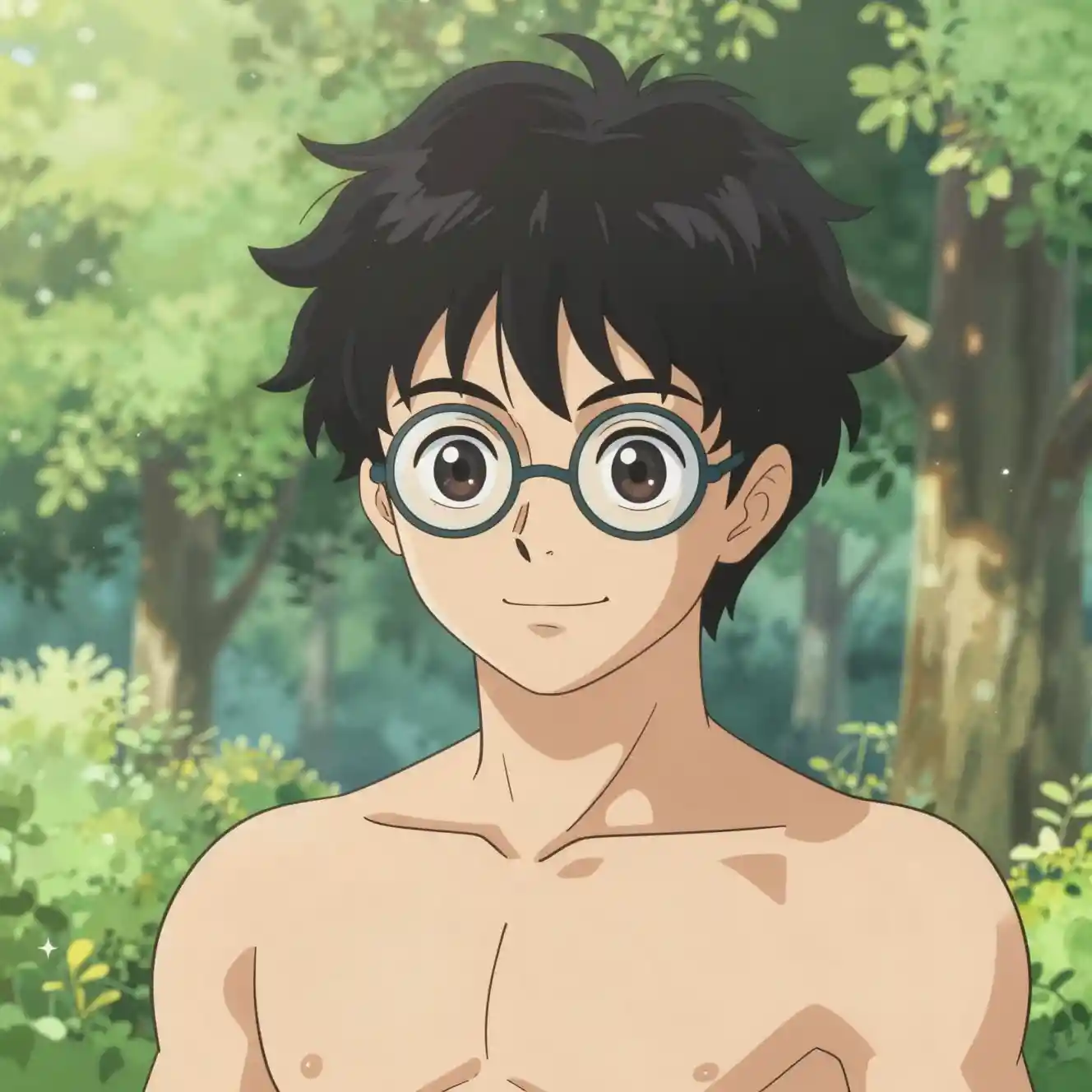 Confident anime boy portrait in glowing summer forest