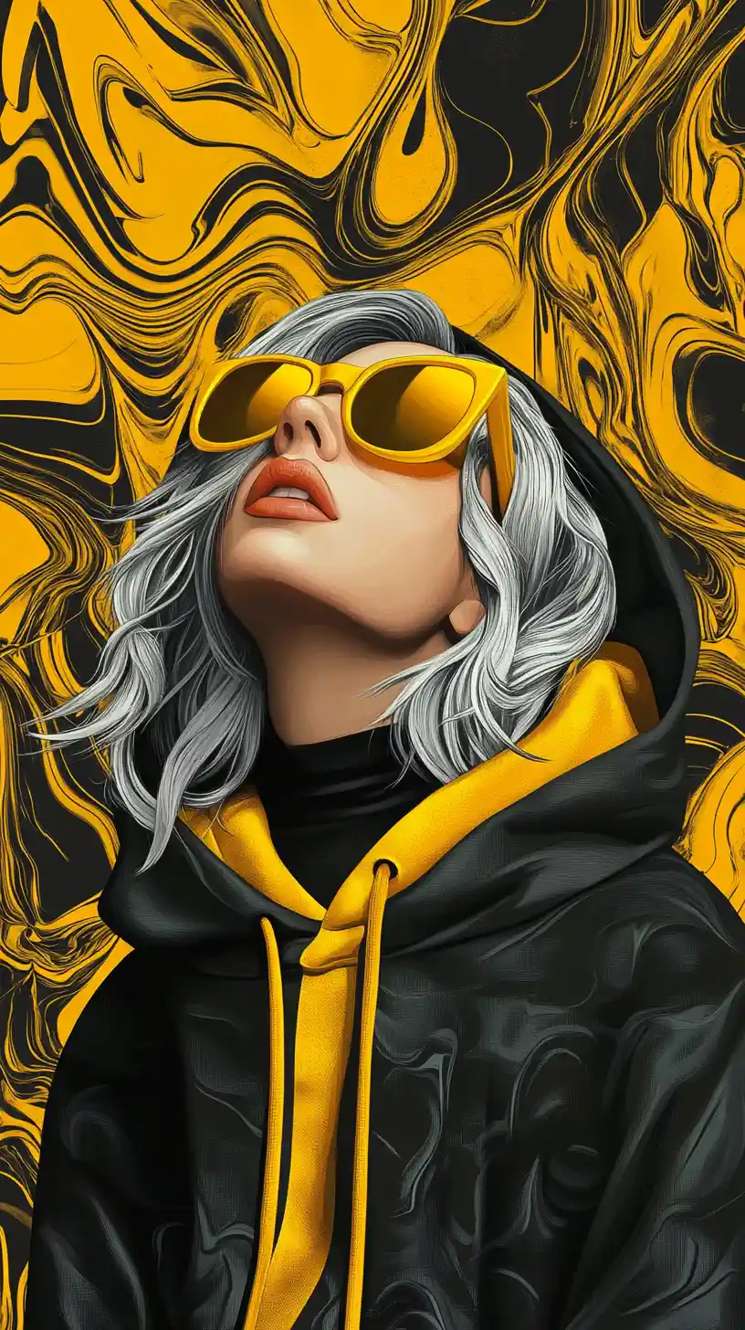 Ragazza dai capelli argento in ritratto grafico pop art giallo