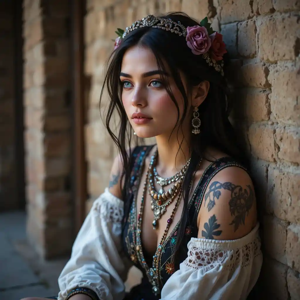 Tattooed gypsy girl in traditional clothing by a wall