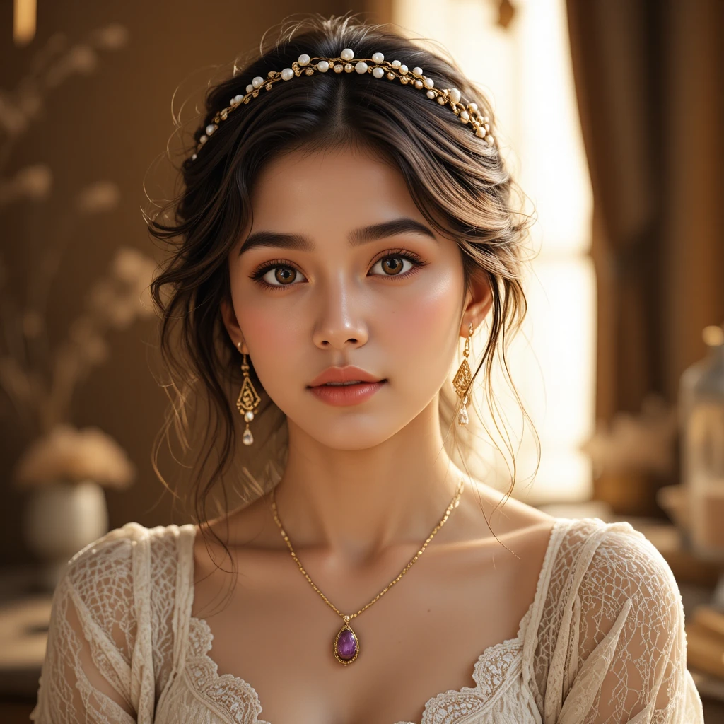Warm portrait of a young woman with gold and pearl jewelry