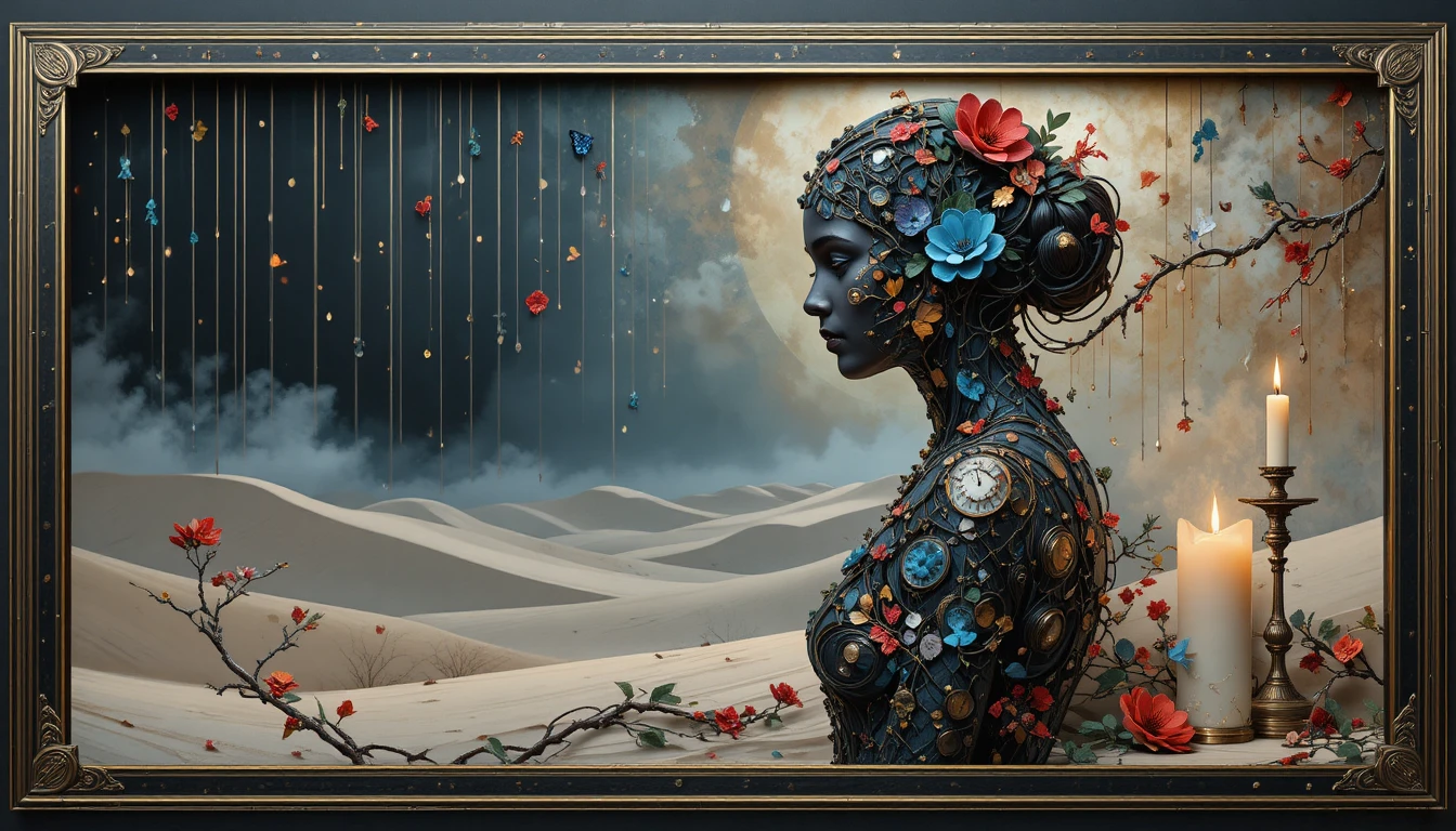 Scultura astratta che svetta sopra dune desertiche battute dal vento