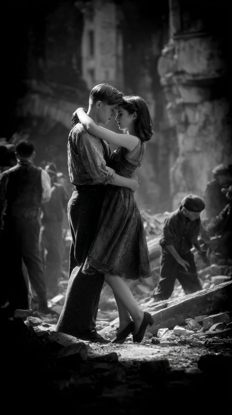 Young couple dancing a tender waltz in war torn ruins
