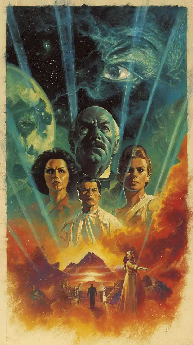 Vintage sci fi poster of monsters emerging from outer space
