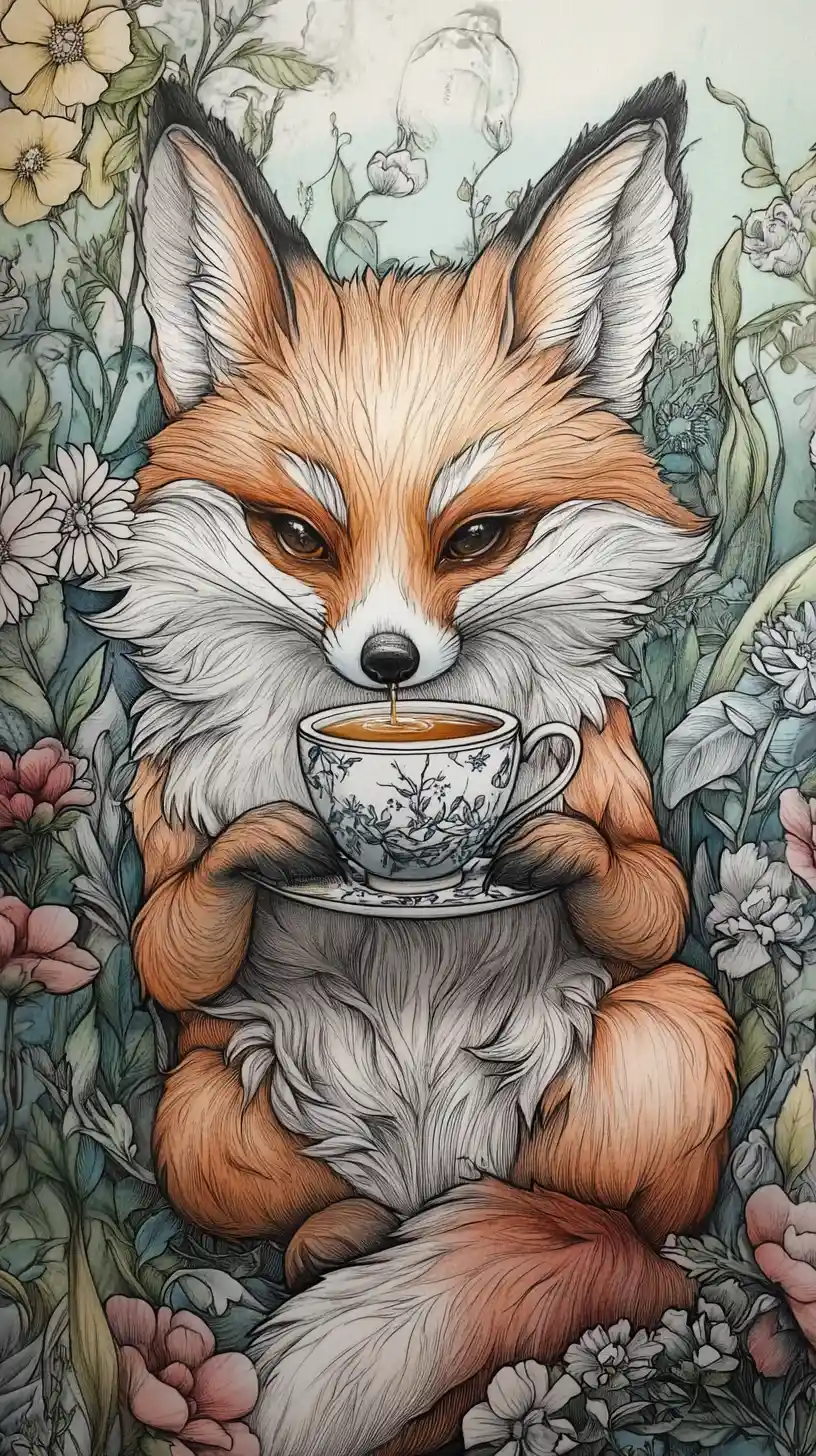 Créature fantastique semblable à un renard buvant un thé chaud dans la nature