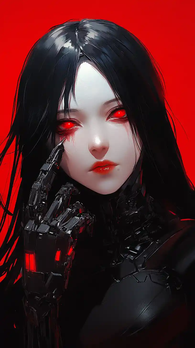 Cyborg woman with crimson eyes against solid red background