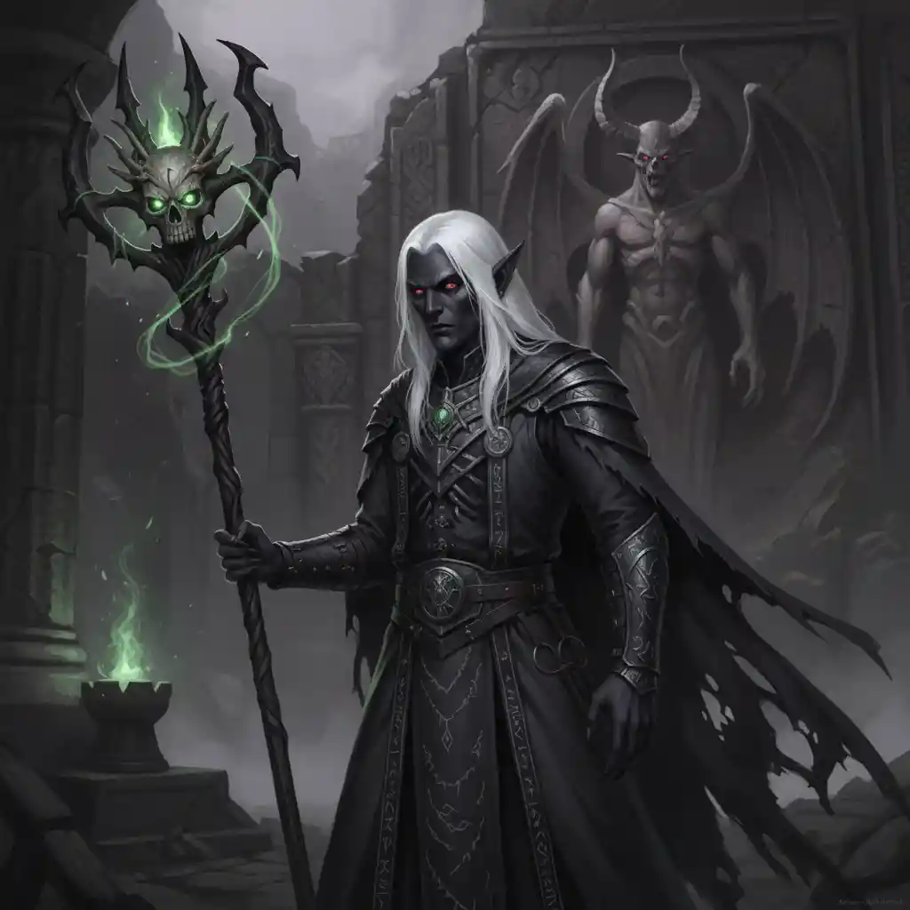 Dark elf warlock holding a powerful necromantic staff