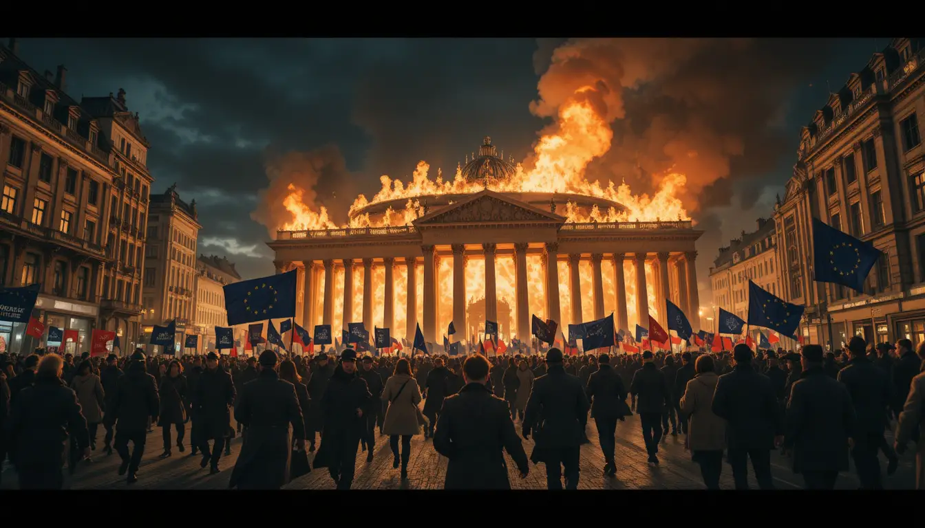 European parliament building burning amid chaotic night protest