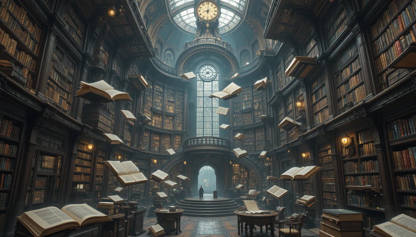 Magical steampunk library with floating books and warm clockwork glow