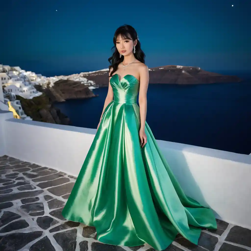 Elegante mulher japonesa com vestido de cetim verde à noite