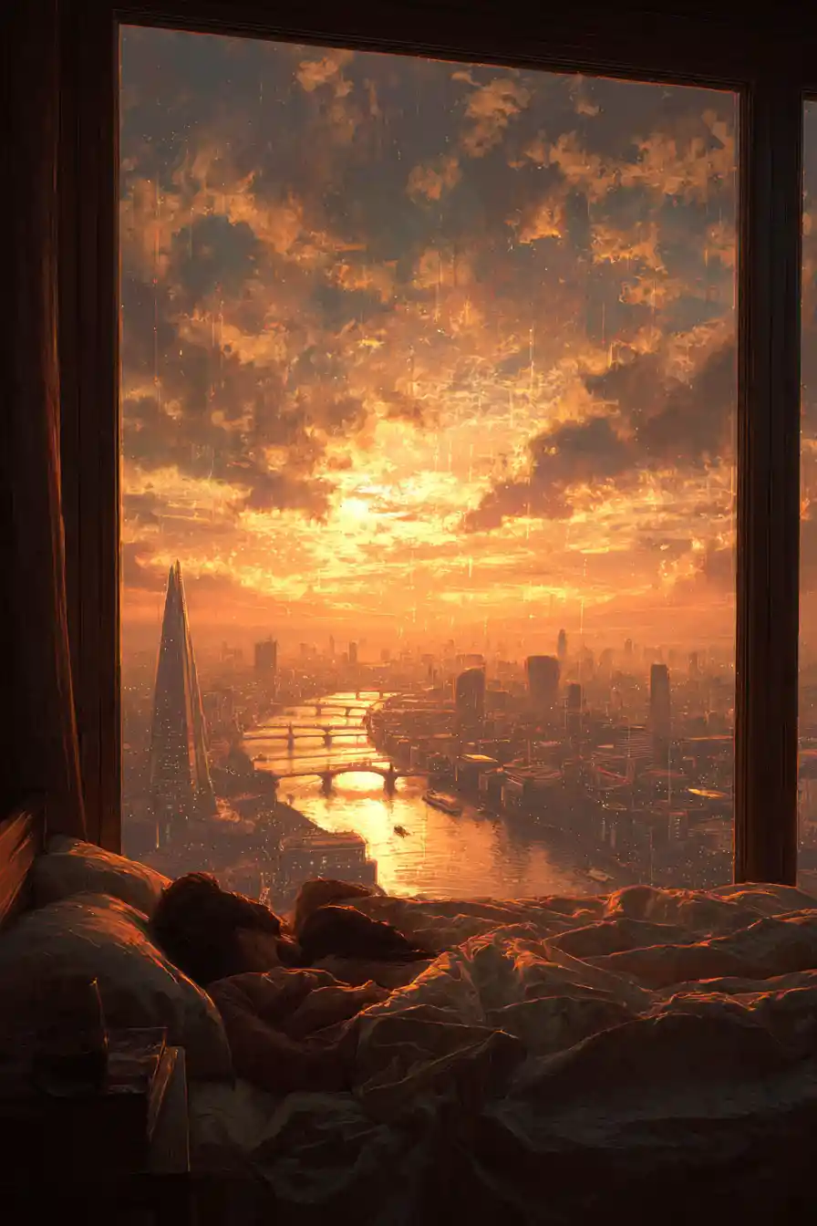 Paar entspannt im Bett mit Blick auf die City-Skyline im Sonnenuntergang