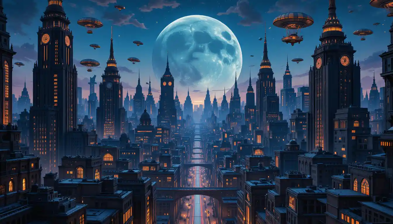Cidade retrofuturista com dirigíveis luminosos ao entardecer