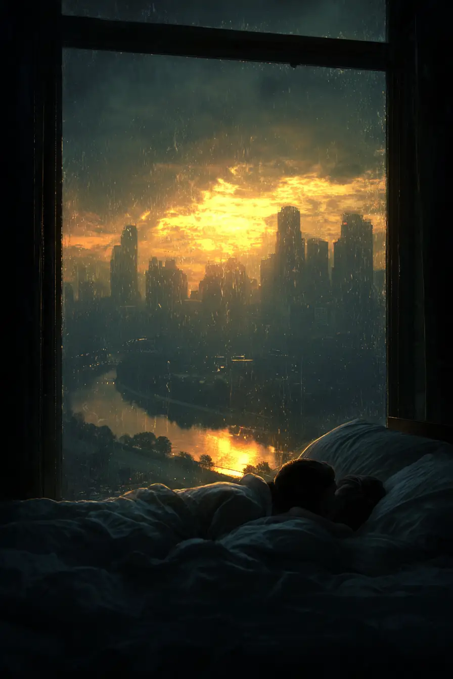 Casal romântico relaxando na cama diante de um pôr do sol brilhante sobre a cidade