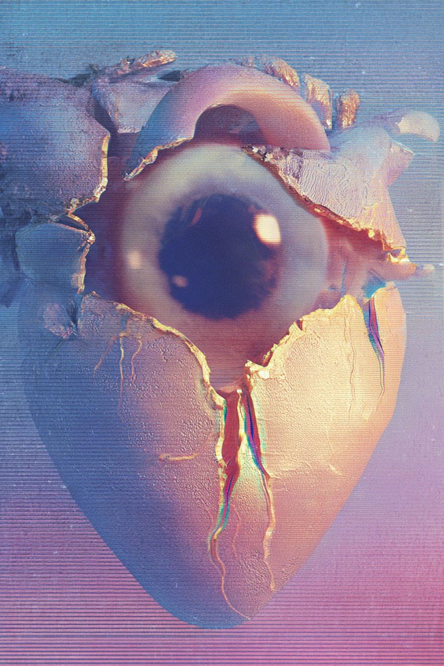 Illusione glitchcore vaporwave con cuori e lacrime kawaii
