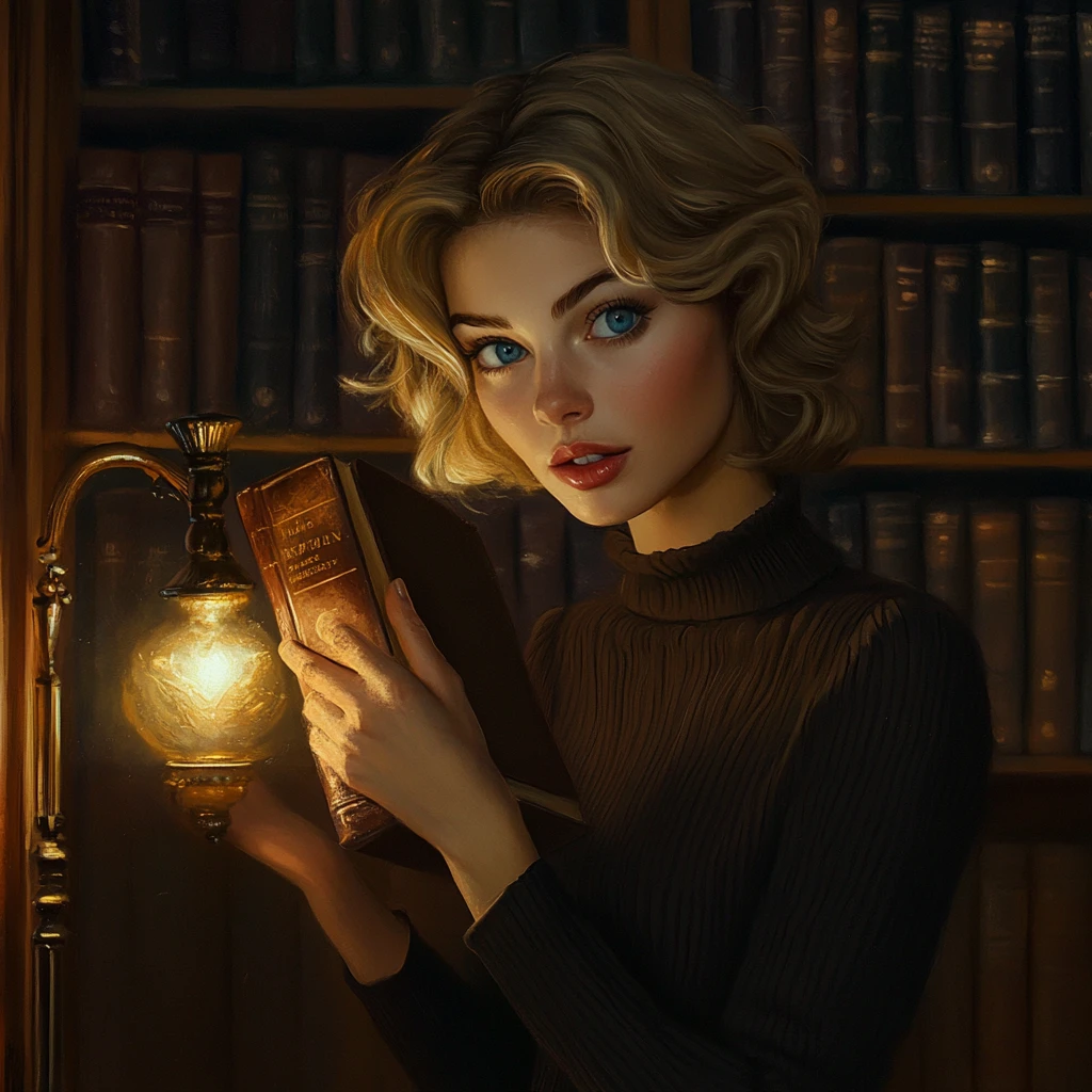 Mulher pensativa escolhendo um livro à luz morna do abajur