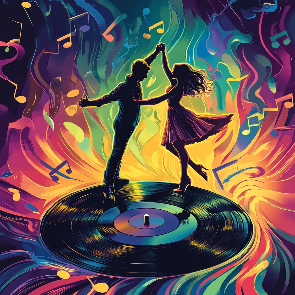 Casal retrô dançando em disco de vinil com notas musicais