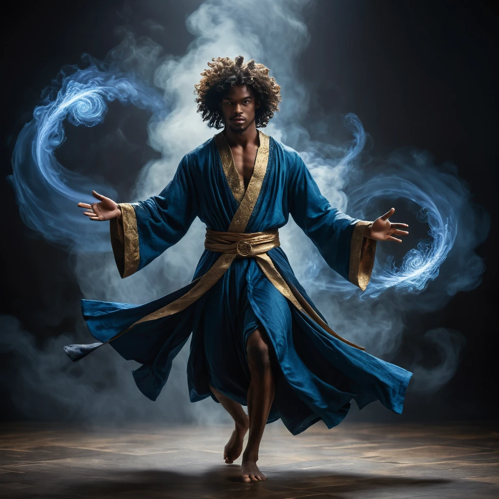Mago místico dançando com magia dourada e azul em espiral