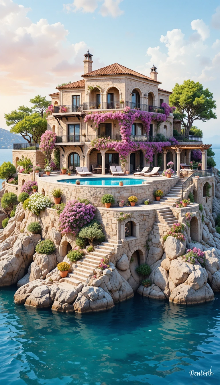Vila mediterrânea na encosta com piscina de borda infinita ao pôr do sol