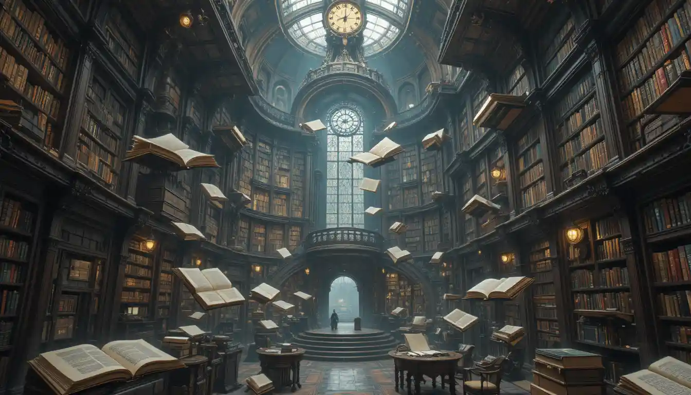 Magische Steampunk‑Bibliothek mit schwebenden Büchern und warmem Uhrwerk‑Schimmer