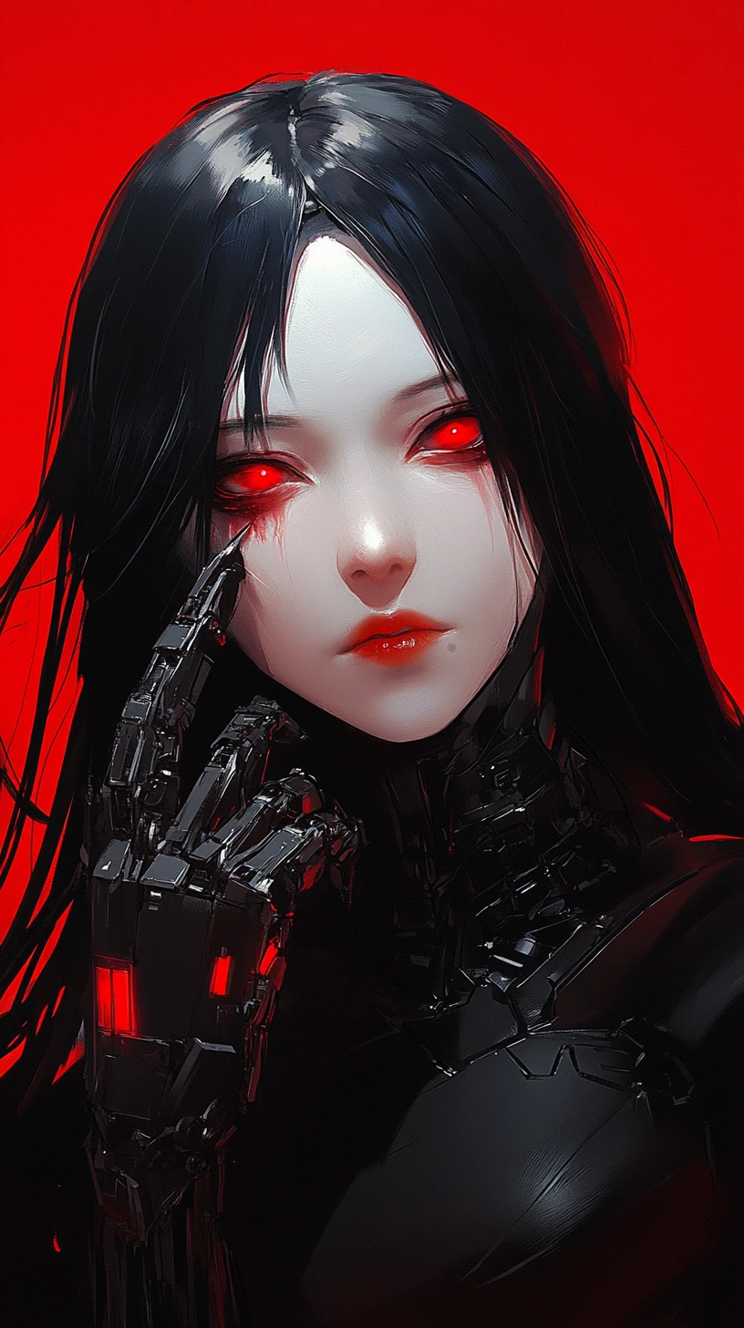 Cyborg woman with crimson eyes against solid red background