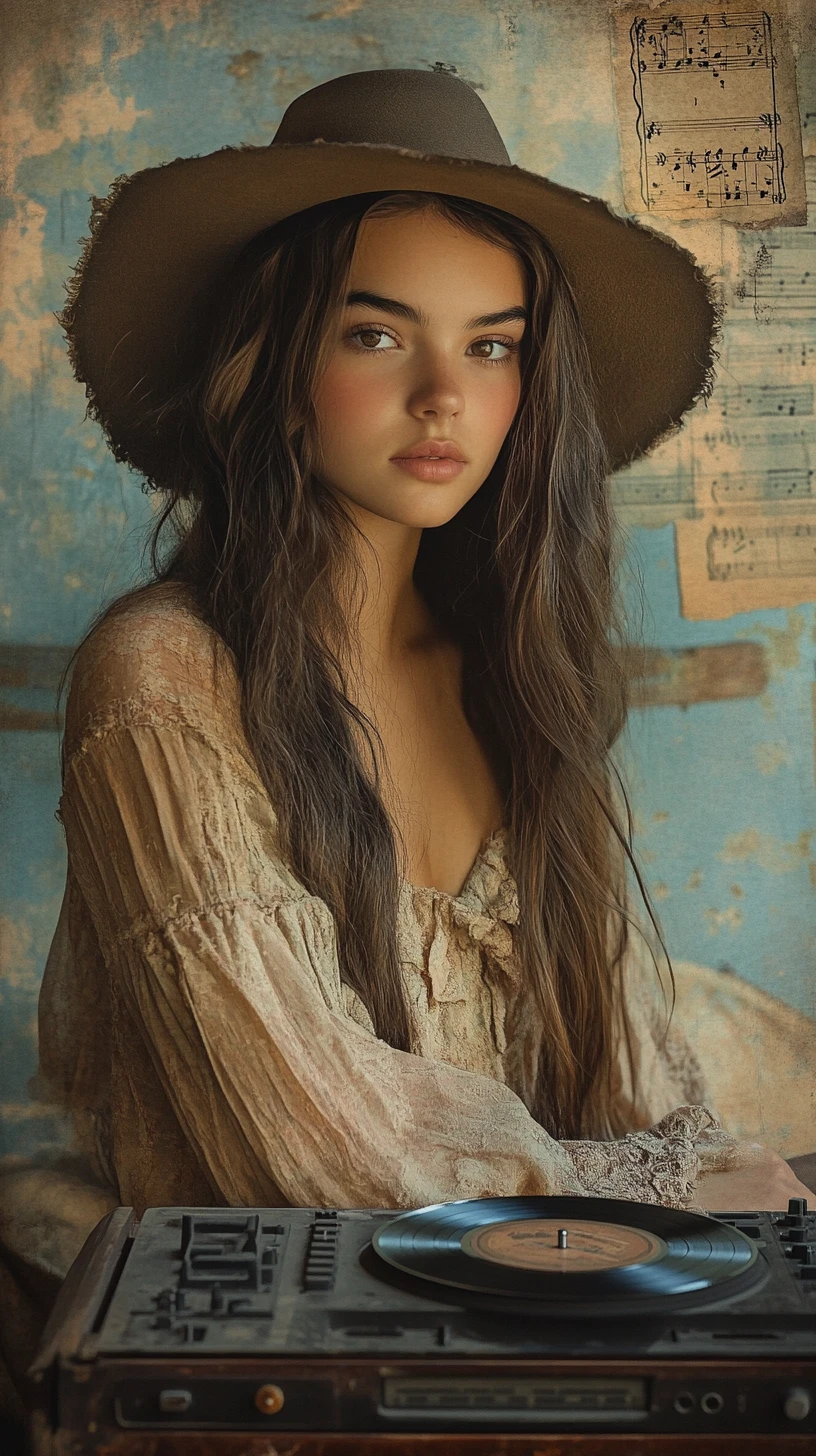 Pensive woman by record player in bohemian portrait