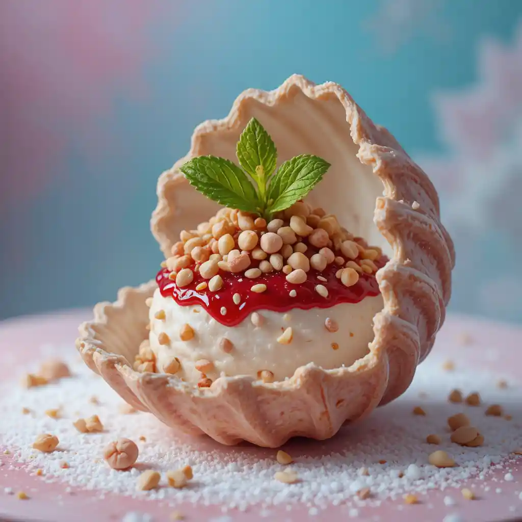 Gourmet-Dessert in Muschelform mit Creme- und Geleeschichten