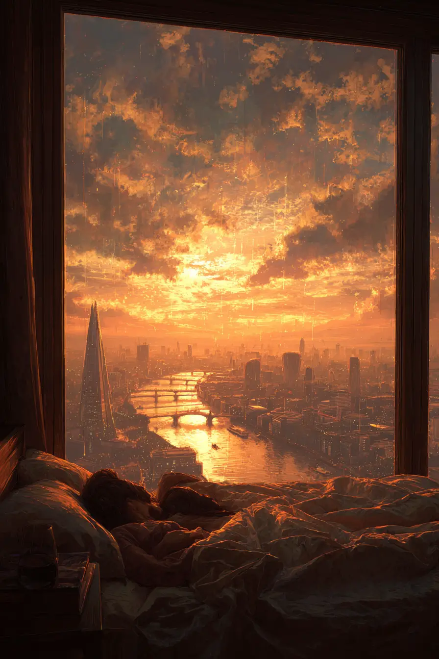 Casal Relaxando na Cama com Vista para o Skyline da Cidade ao Pôr do Sol