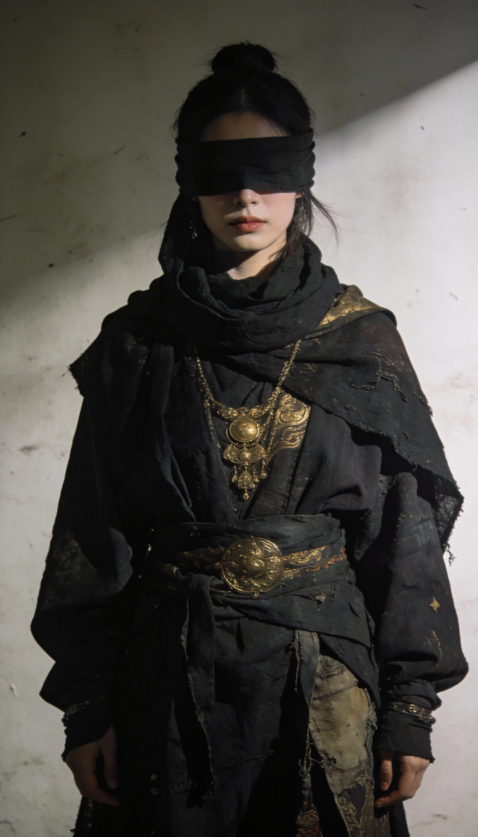 Donna di moda avant-garde in abiti scuri a strati