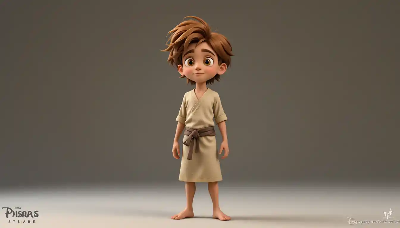 Fiche de personnage 3D d’un jeune garçon curieux en tunique de lin