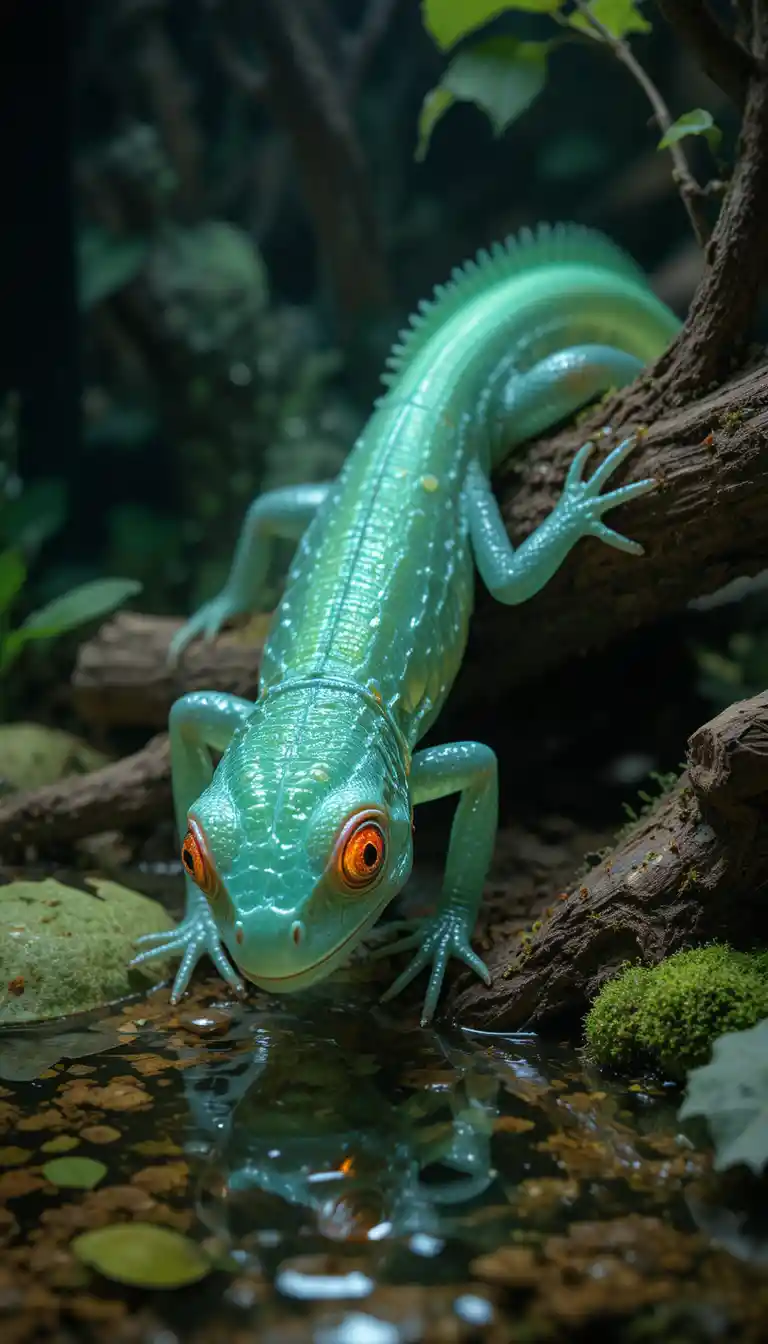Translucent green lizard exploring a leafy terrarium
