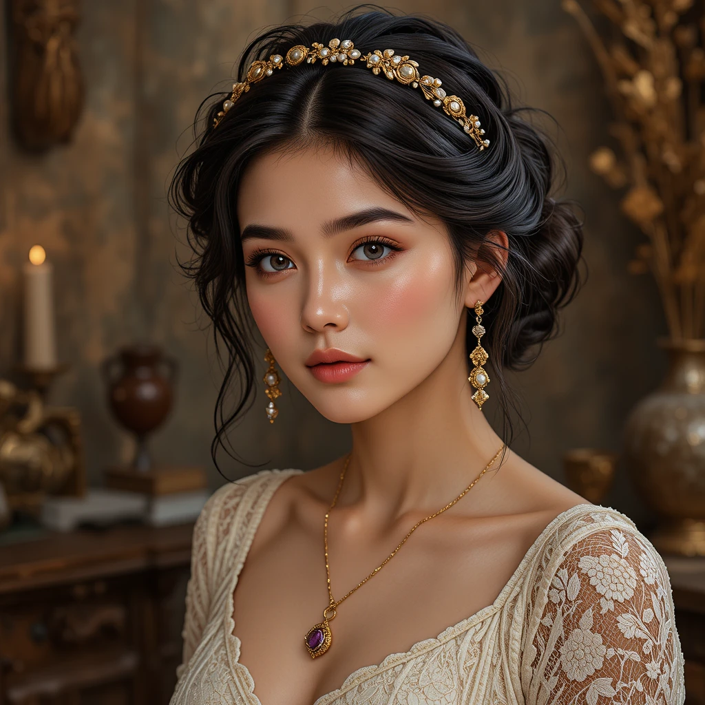 Warm portrait of a young woman with vintage gold jewelry