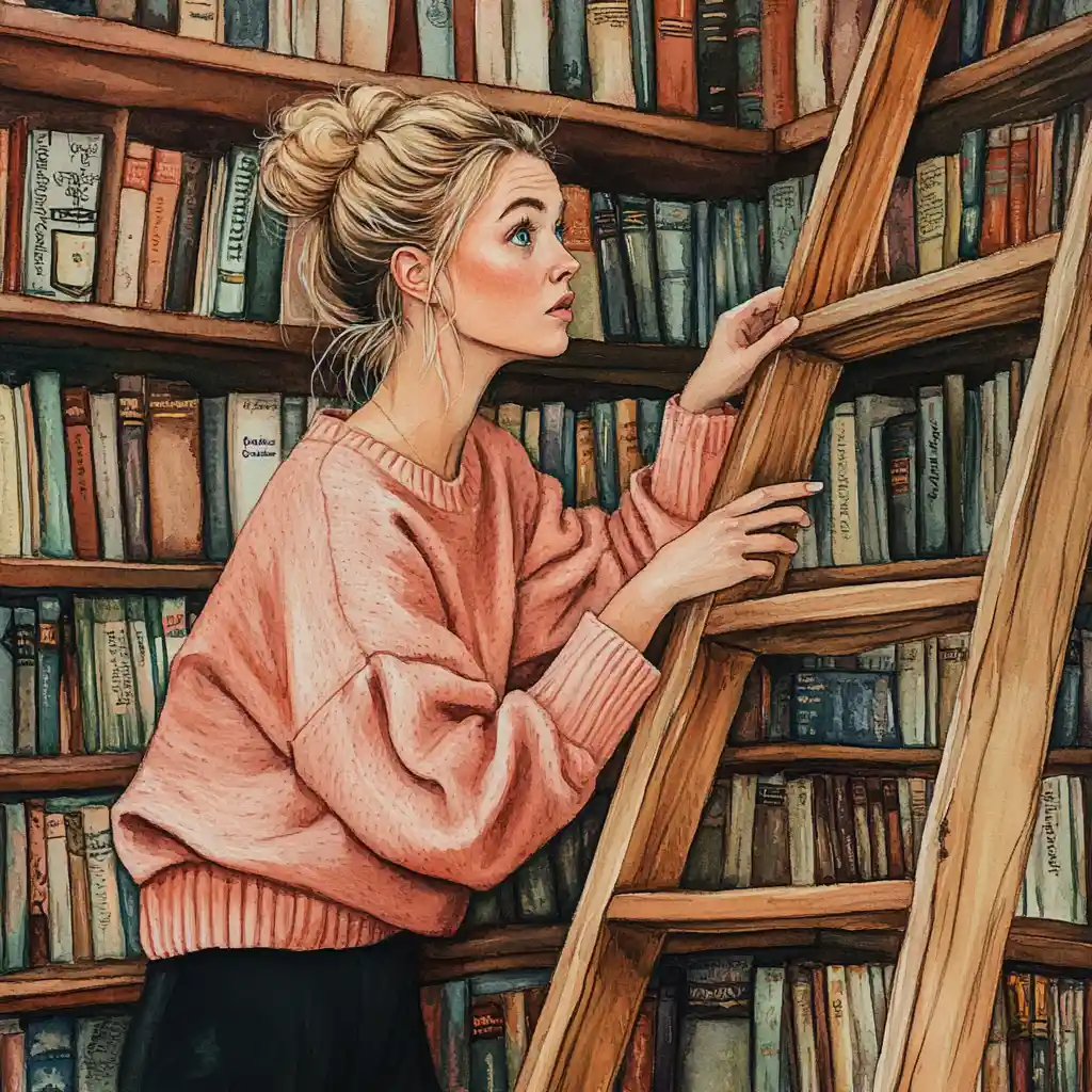 Mulher folheando livros em uma aconchegante biblioteca em aquarela